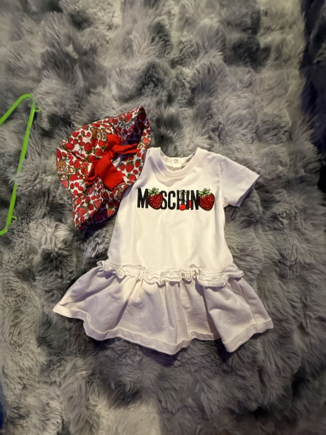 Moschino Baby Strawberry Print Dress and Matching Bucket Hat Set 1