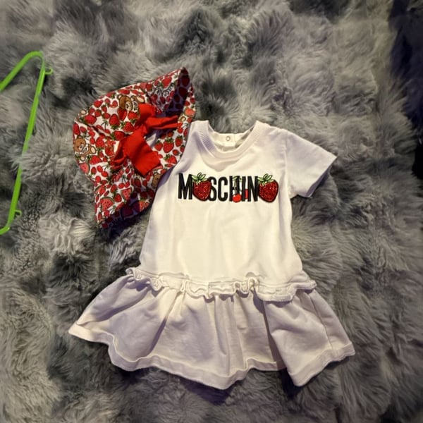 Moschino Baby Strawberry Print Dress and Matching Bucket Hat Set