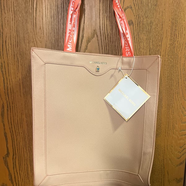 Michael Kors Blush Pink Leather Tote Bag with Logo Coral Webbing Handles