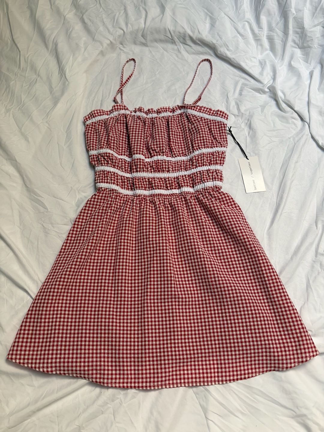 Better Together Women's Red and White Gingham Smocked Mini Dress Large 2