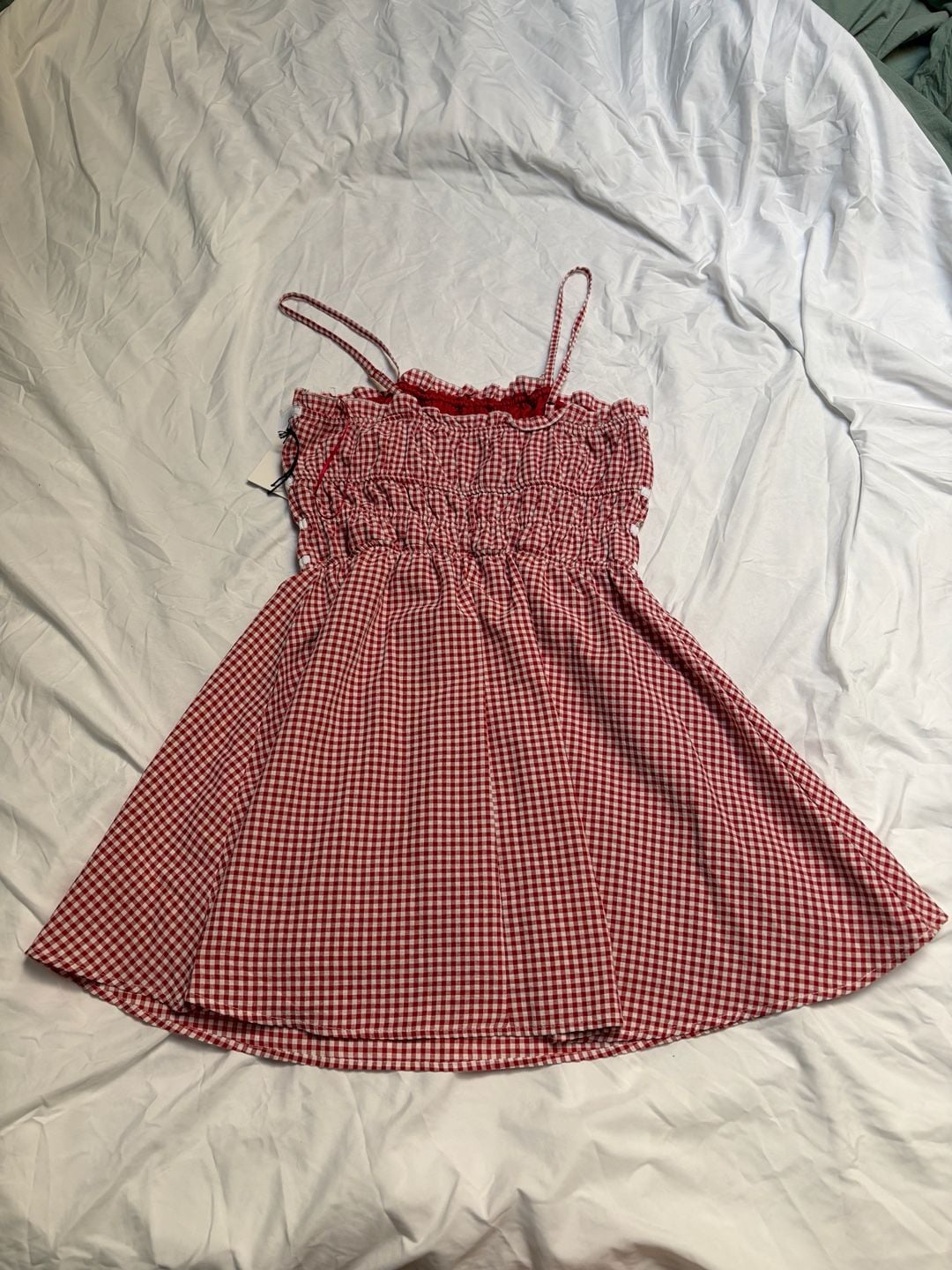 Better Together Women's Red and White Gingham Smocked Mini Dress Large 4