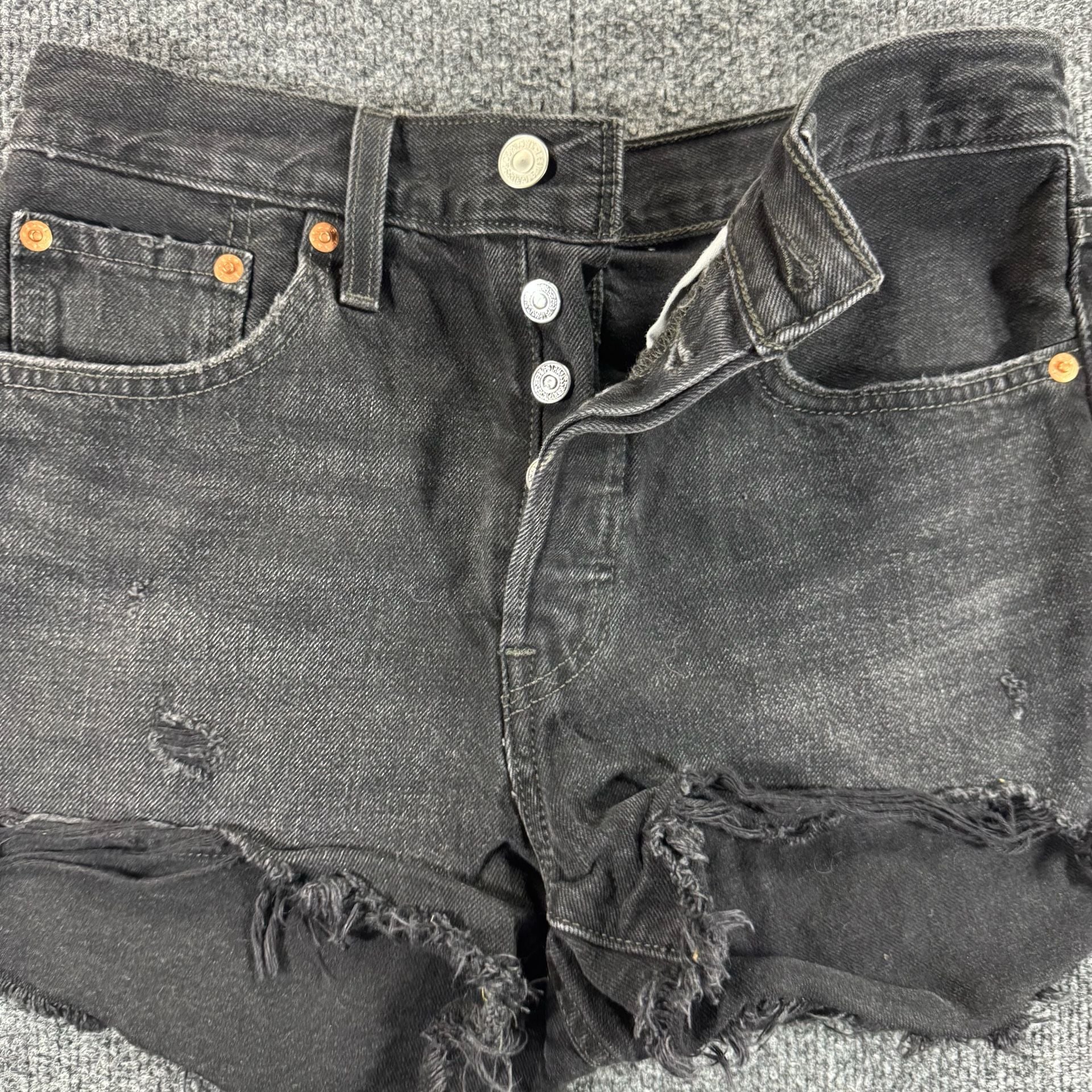 Levi's 501 Original High Rise Button Fly Black Distressed Cut-Off Denim Shorts 2