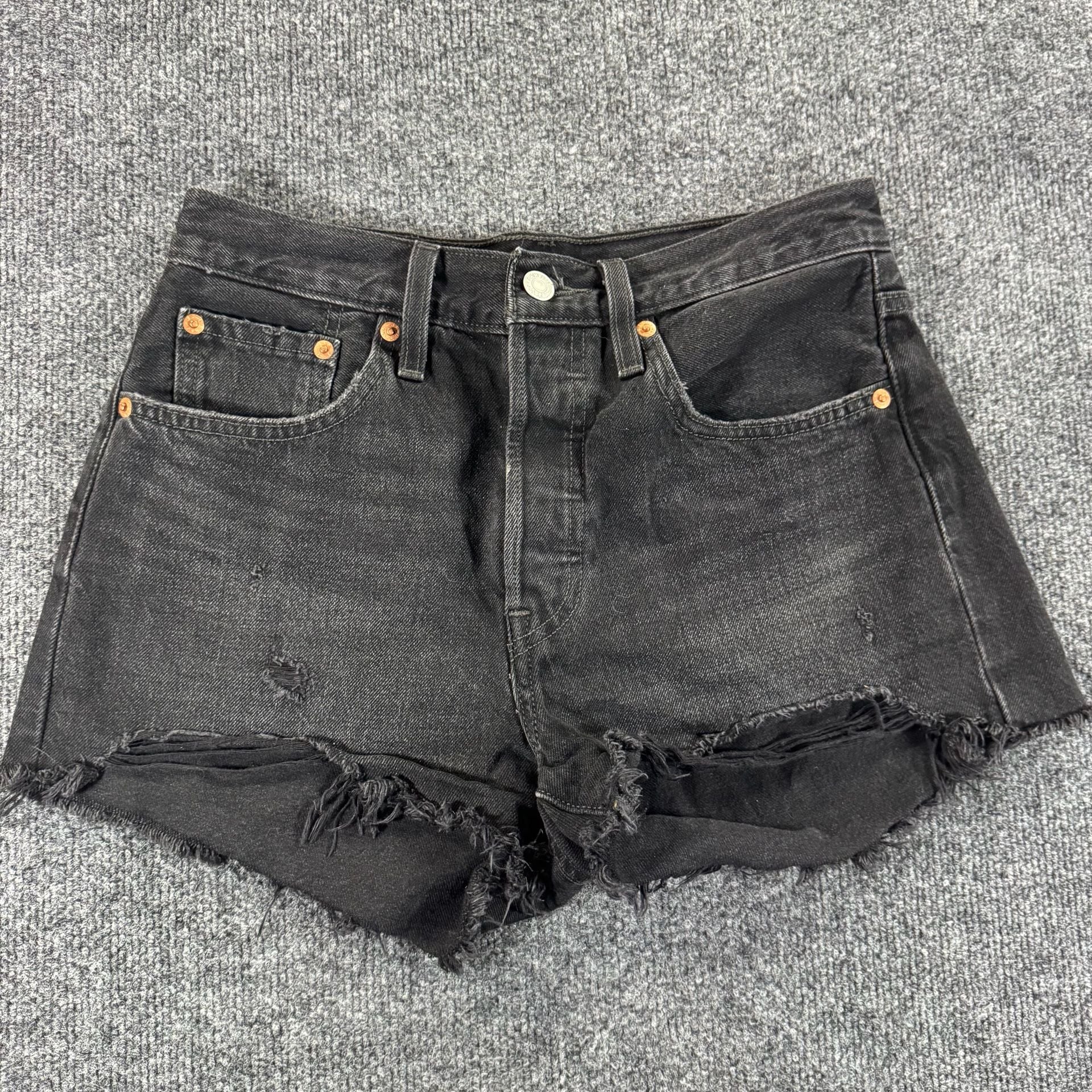Levi's 501 Original High Rise Button Fly Black Distressed Cut-Off Denim Shorts 5
