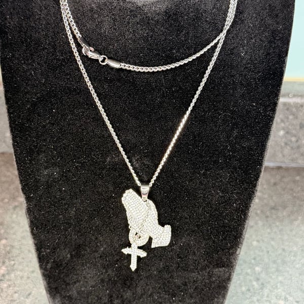 Moissanite Praying Hands with Cross Pendant in S925 Sterling Silver