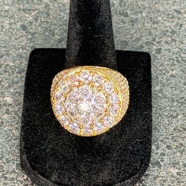 Men's Gold-Plated Round Cluster Cubic Zirconia Iced-Out Pinky Ring
