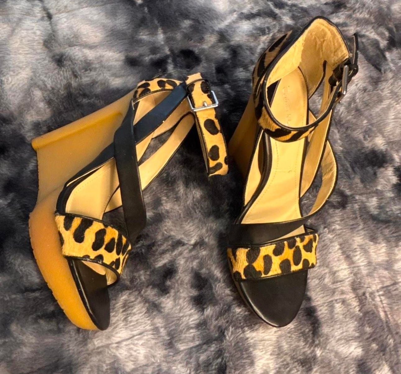 Calvin Klein Dani Leopard Print Pony Hair Wedge Sandals 1