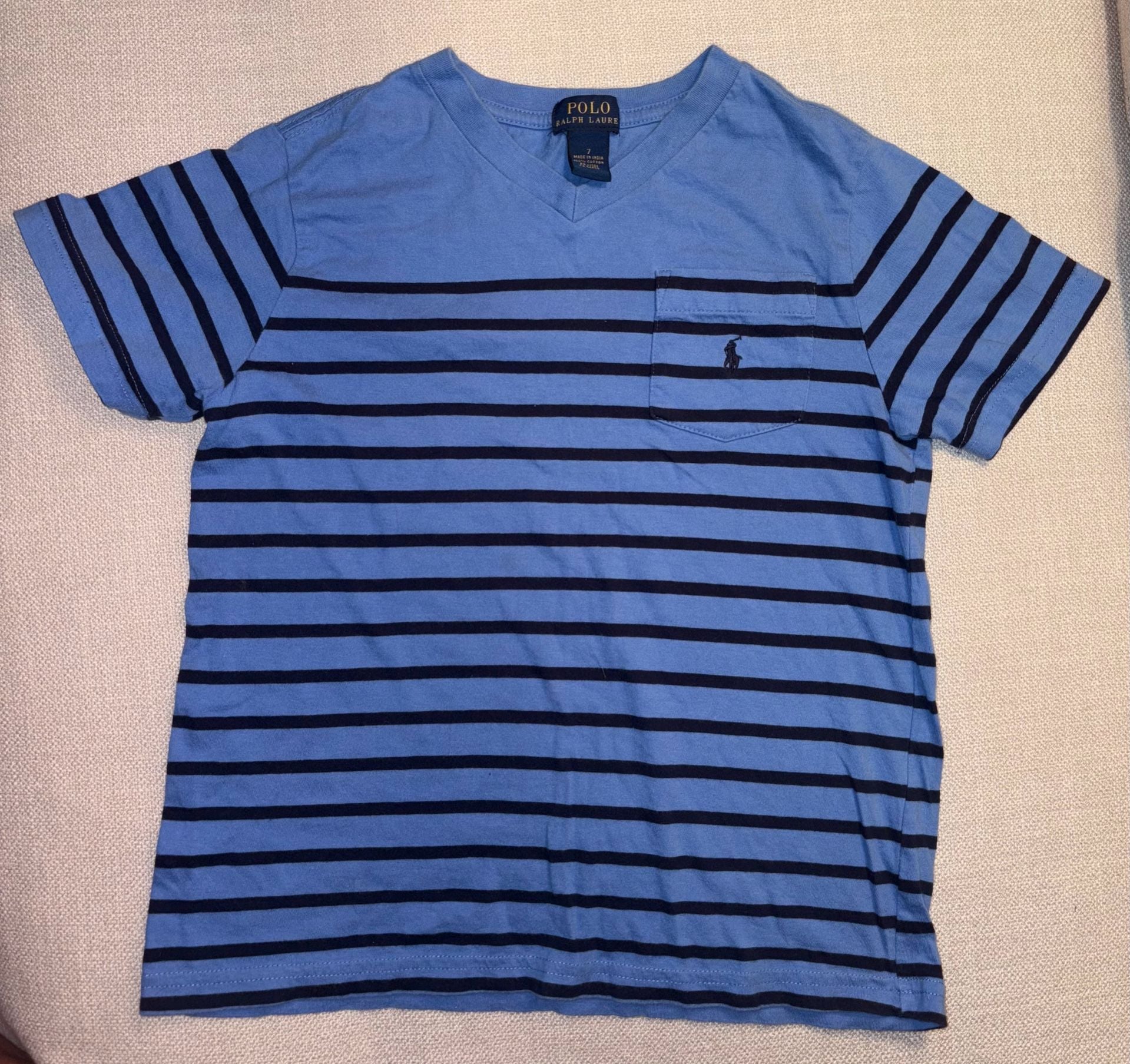 Polo Ralph Lauren Kids Striped V-Neck Pocket T-Shirt Blue and Navy 2