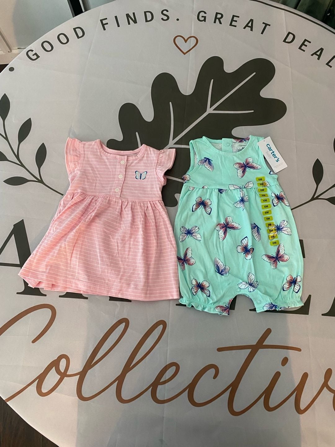 Carter's Baby Girl 2-Piece Set: Pink Striped Dress and Butterfly Romper, 6M 1