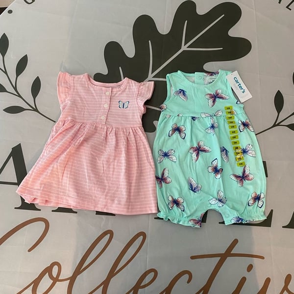 Carter's Baby Girl 2-Piece Set: Pink Striped Dress and Butterfly Romper, 6M