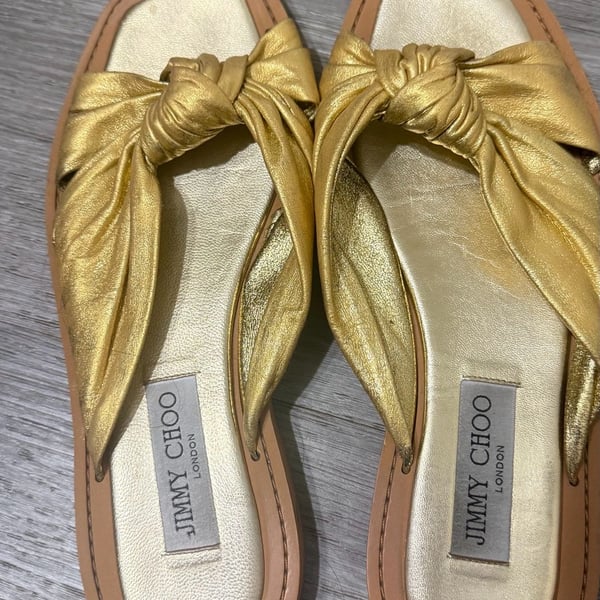 Jimmy Choo Tropica Knotted Metallic Leather Flat Slide Sandals