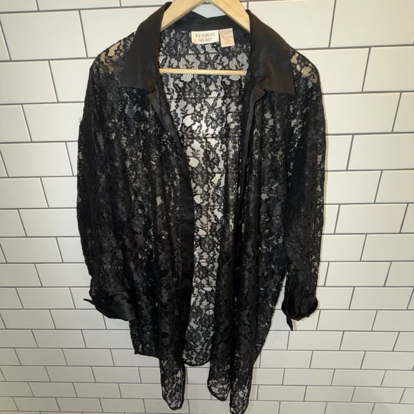 Vintage Victoria's Secret Gold Label Black Sheer Lace Long Sleeve Button-Down Robe