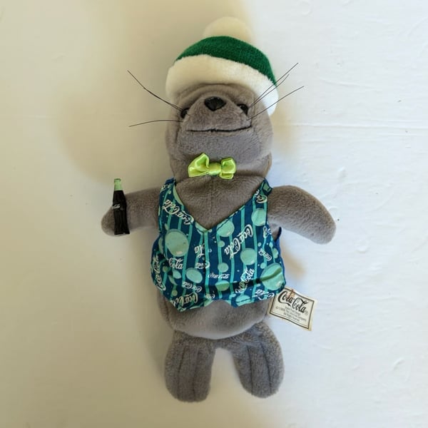 Vintage 1999 Coca-Cola Bean Bag Seal Plush in Striped Vest and Winter Hat