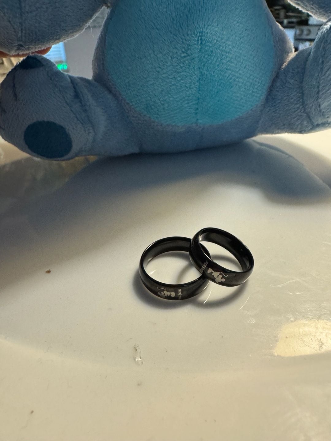 Mickey and Minnie Mouse Couple Promise Ring Set, Black Engraved Wedding Bands 2