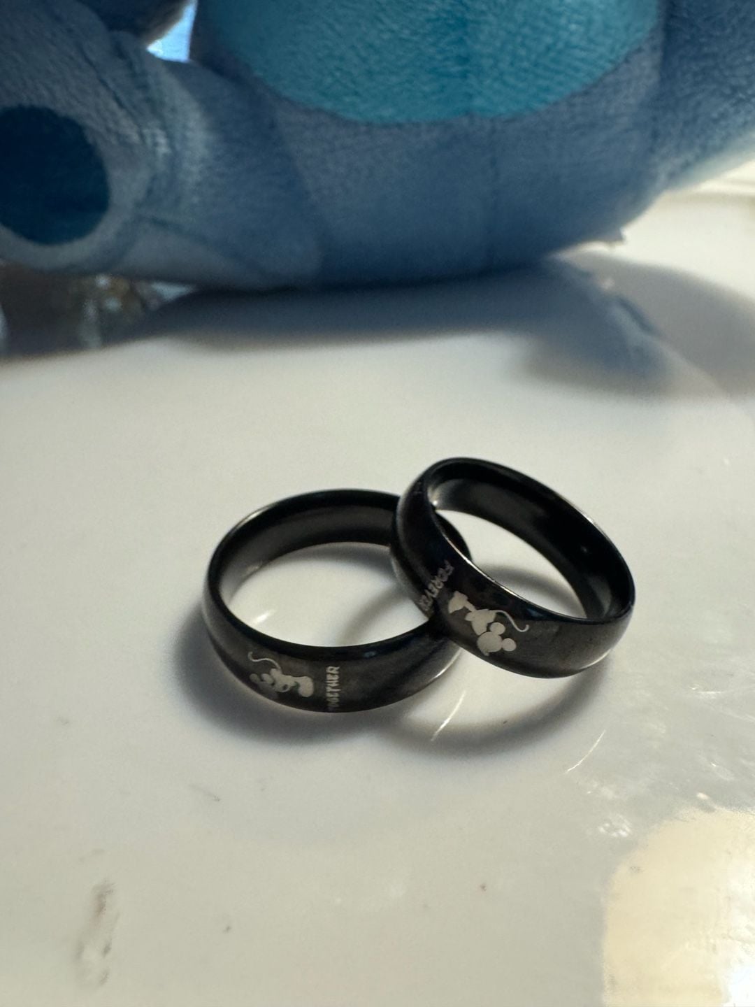 Mickey and Minnie Mouse Couple Promise Ring Set, Black Engraved Wedding Bands 1