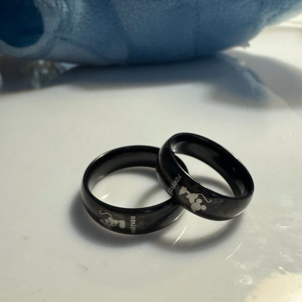 Mickey and Minnie Mouse Couple Promise Ring Set, Black Engraved Wedding Bands