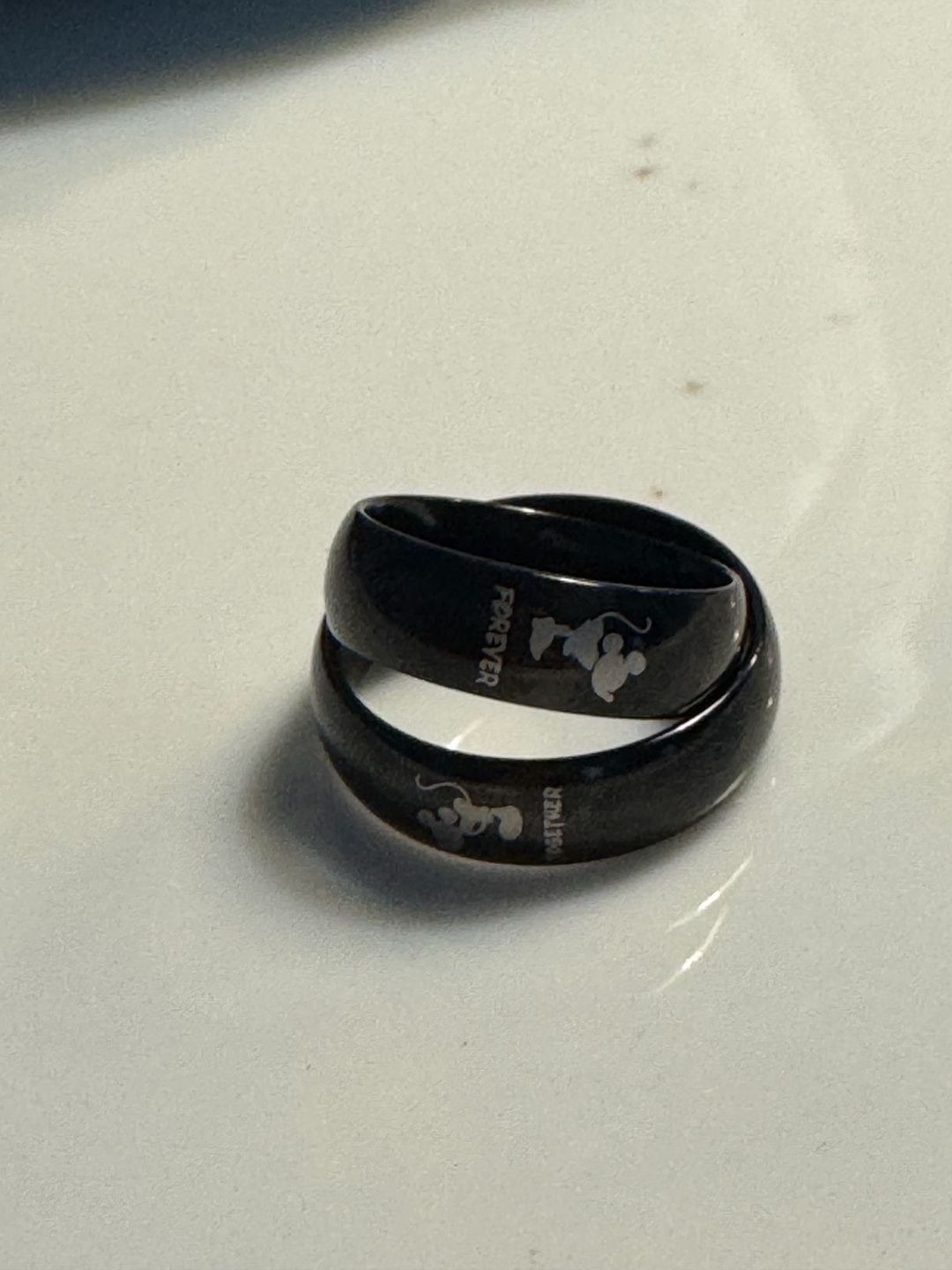 Mickey and Minnie Mouse Couple Promise Ring Set, Black Engraved Wedding Bands 3
