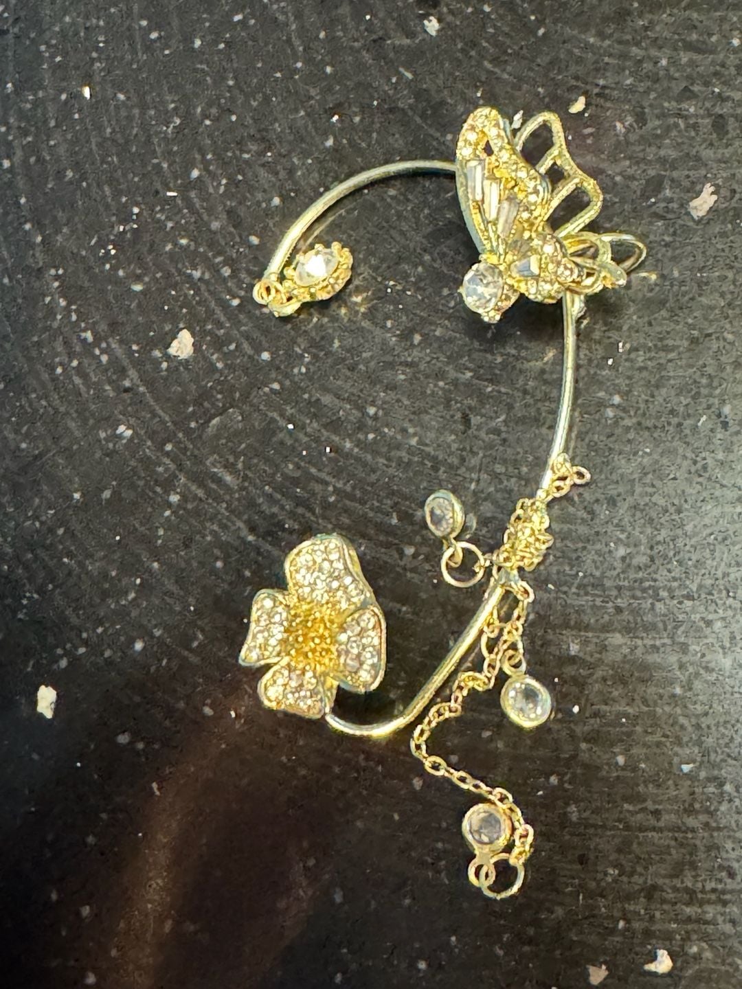 Gold-Tone Butterfly and Floral Rhinestone Chain Ear Cuff 2
