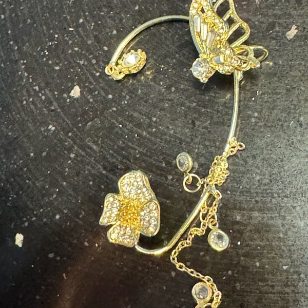 Gold-Tone Butterfly and Floral Rhinestone Chain Ear Cuff