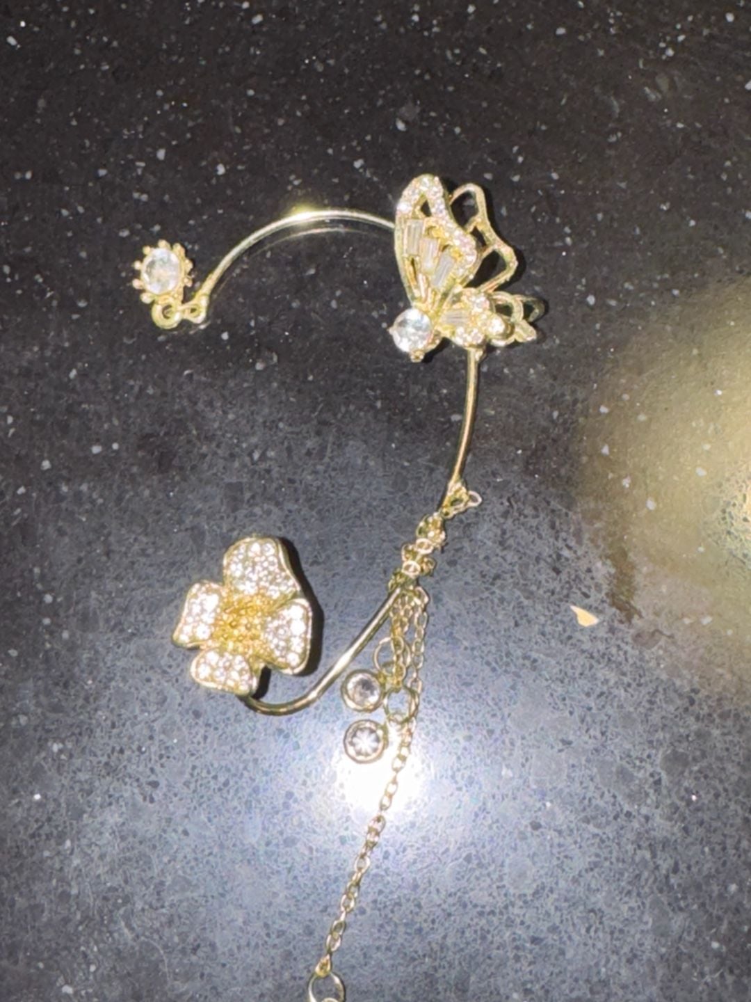 Gold-Tone Butterfly and Floral Rhinestone Chain Ear Cuff 4