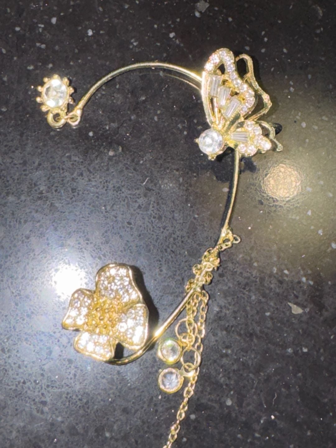 Gold-Tone Butterfly and Floral Rhinestone Chain Ear Cuff 5