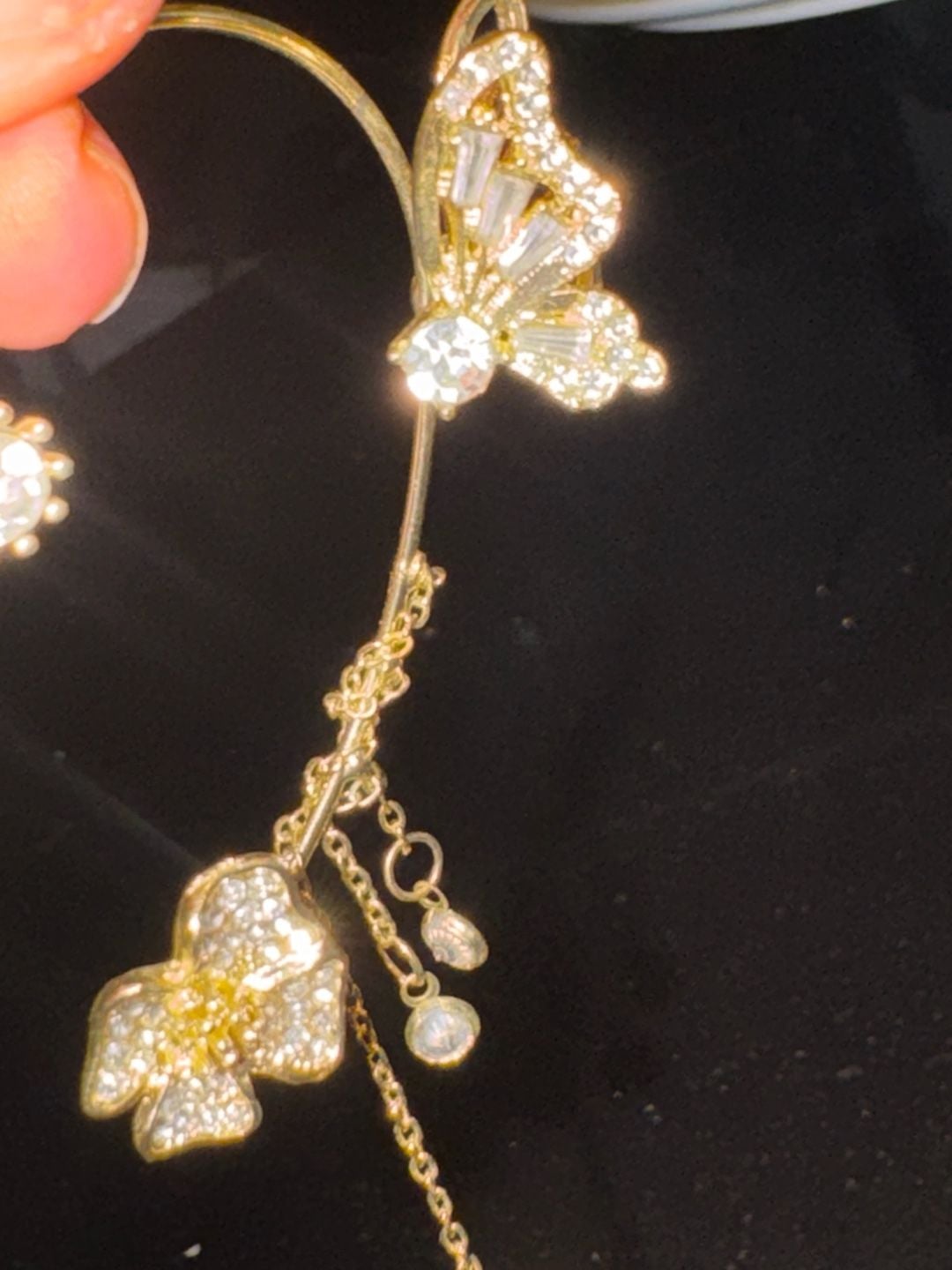 Gold-Tone Butterfly and Floral Rhinestone Chain Ear Cuff 6