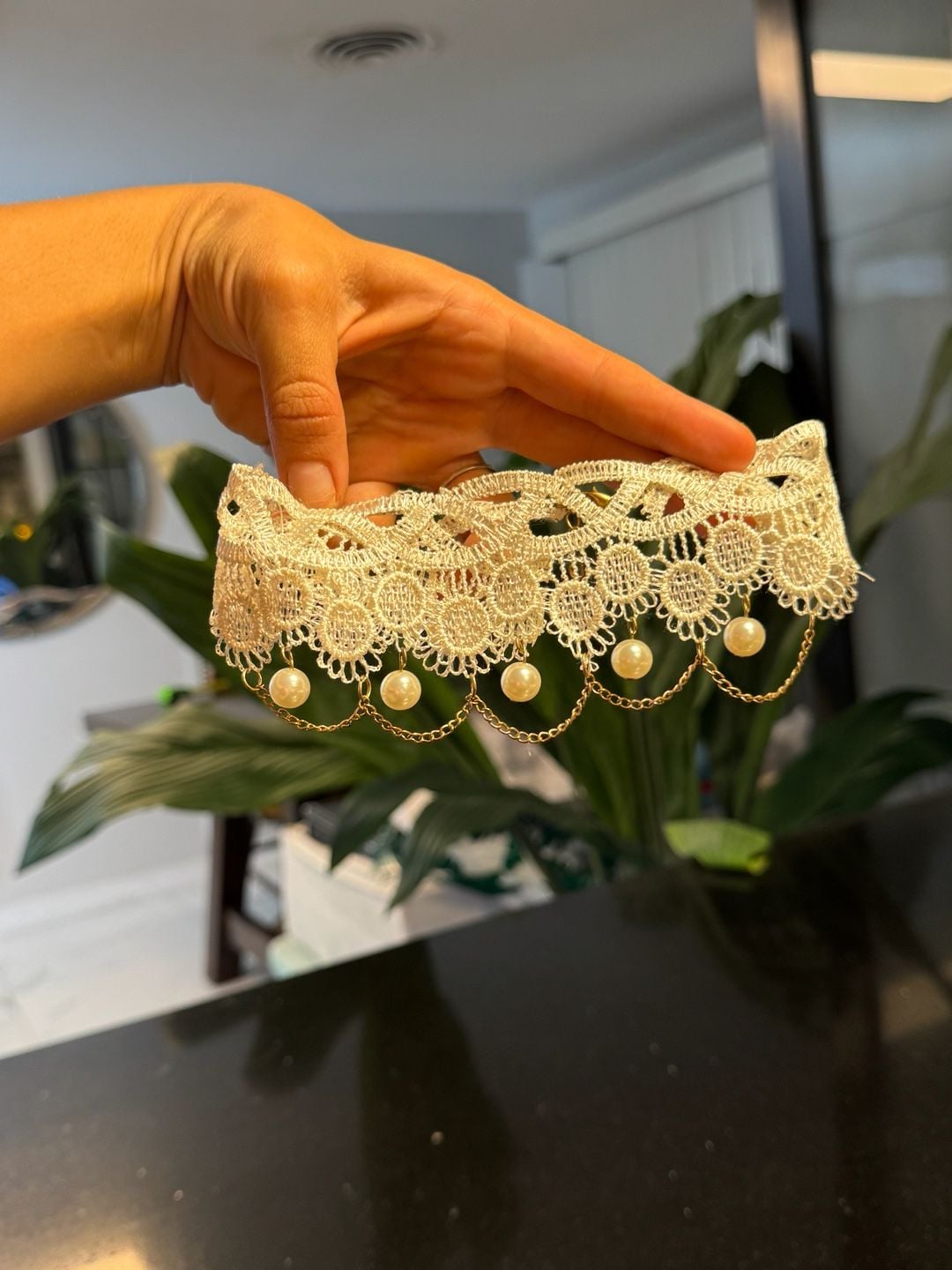 Ivory Lace Choker Necklace with Faux Pearl Drops and Gold Chain Draping 3