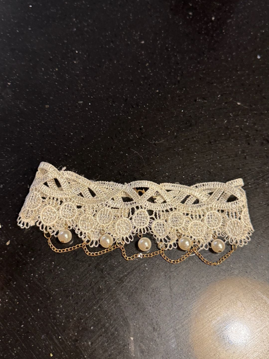 Ivory Lace Choker Necklace with Faux Pearl Drops and Gold Chain Draping 5