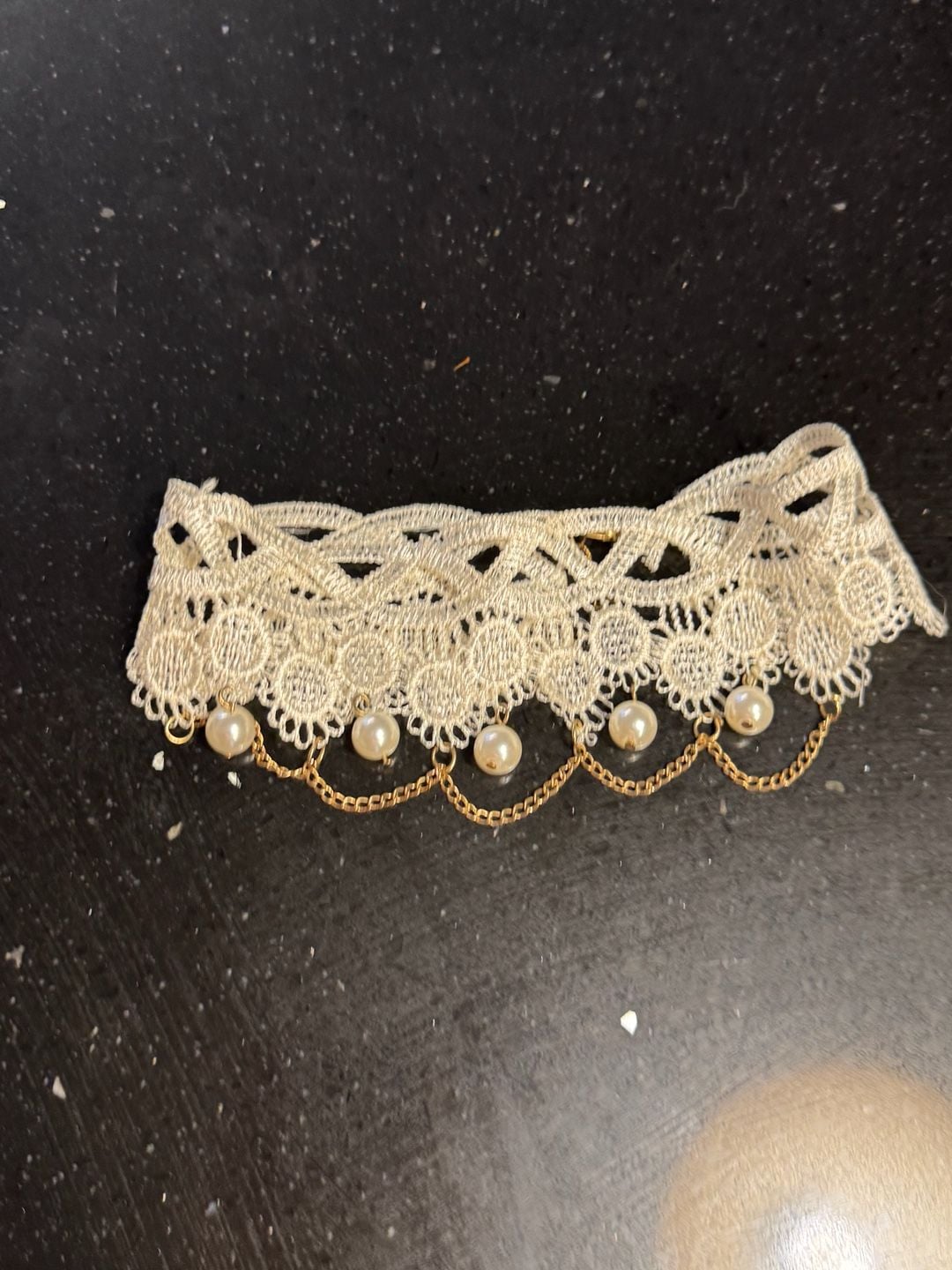 Ivory Lace Choker Necklace with Faux Pearl Drops and Gold Chain Draping 6