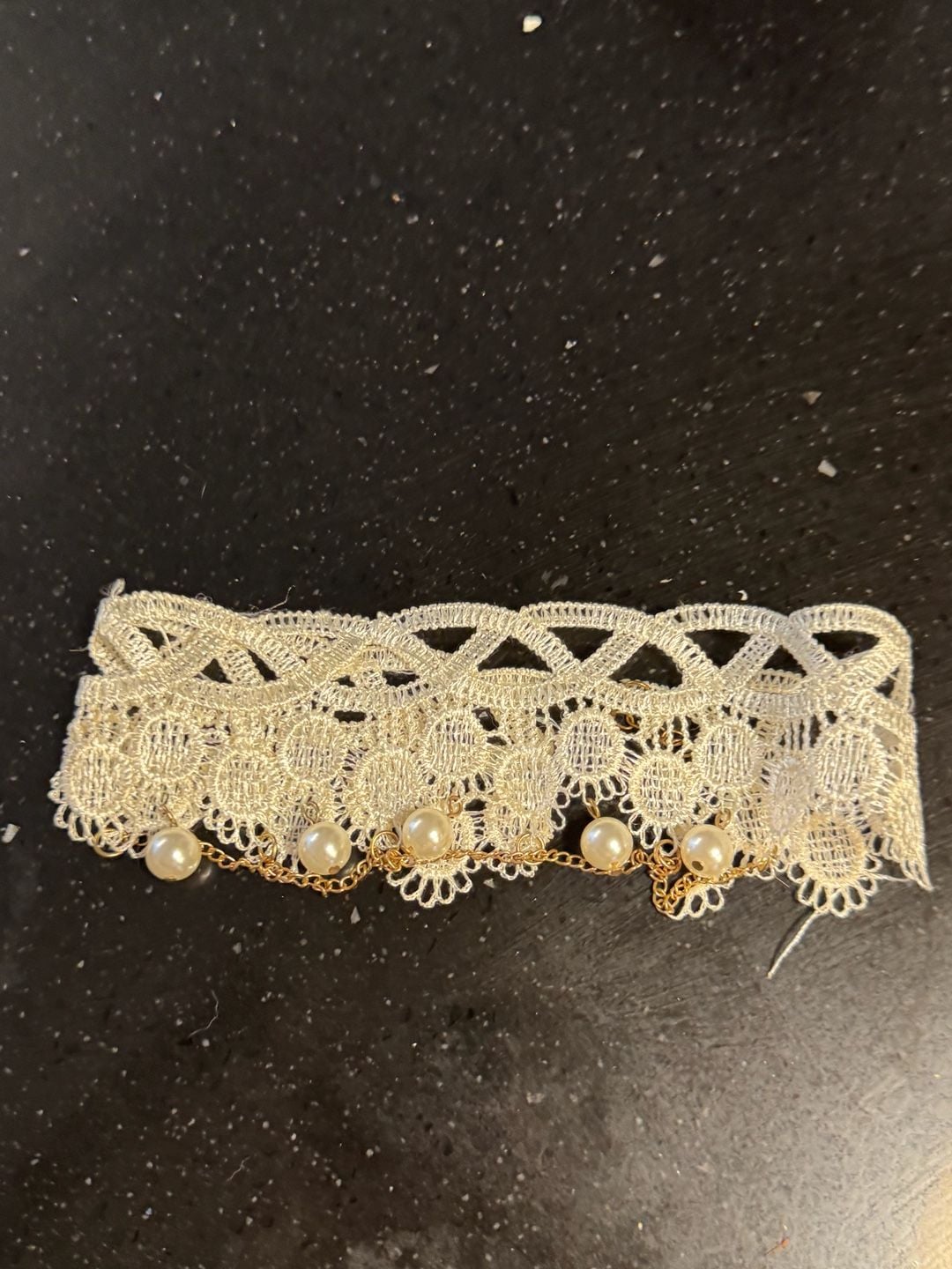 Ivory Lace Choker Necklace with Faux Pearl Drops and Gold Chain Draping 7