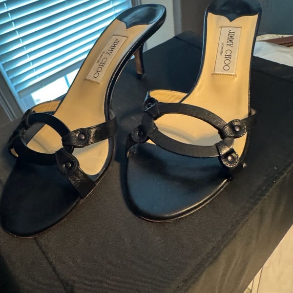 Jimmy Choo Vintage Black Leather Strappy Kitten Heel Mules