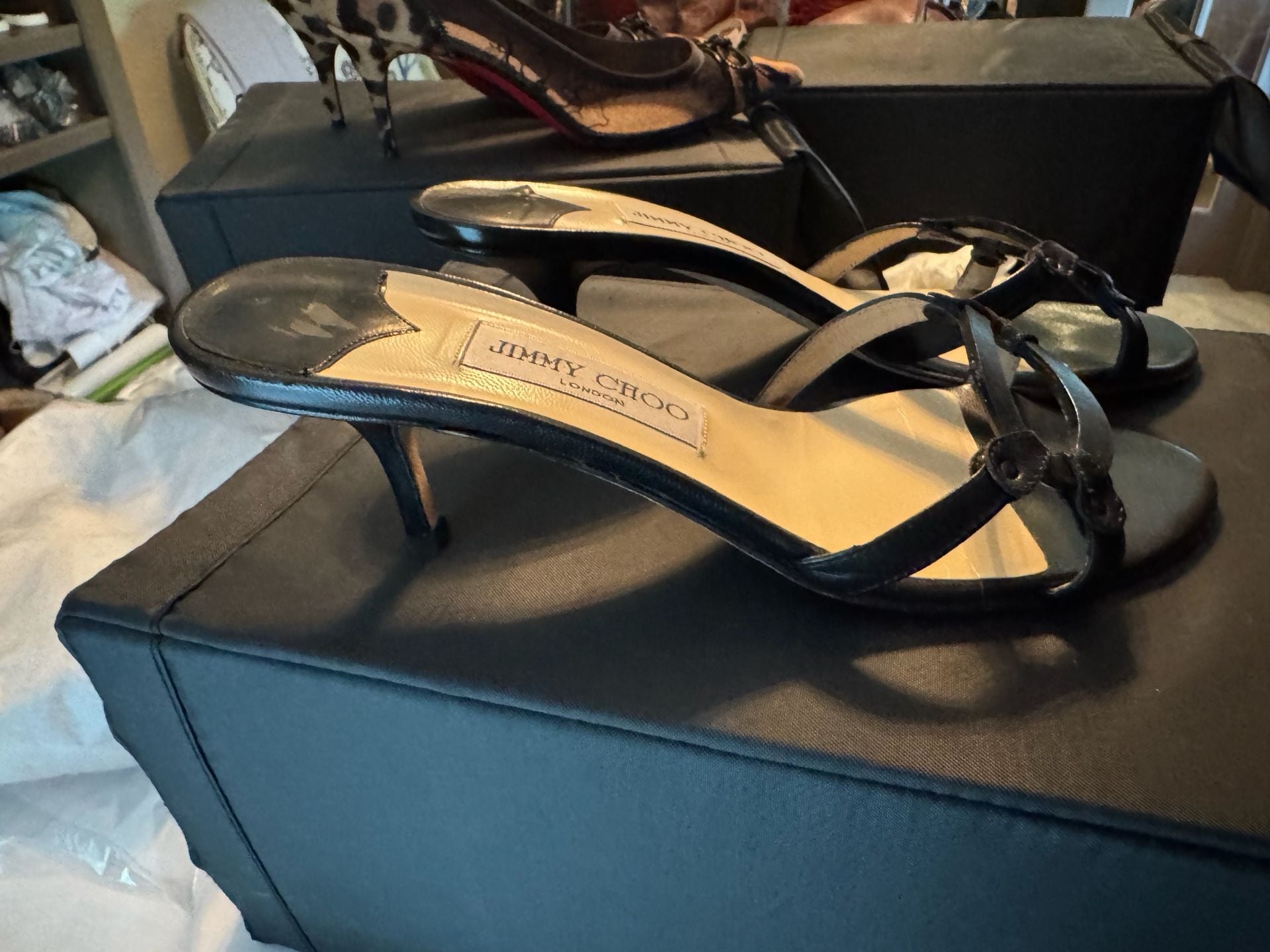 Jimmy Choo Vintage Black Leather Strappy Kitten Heel Mules 2