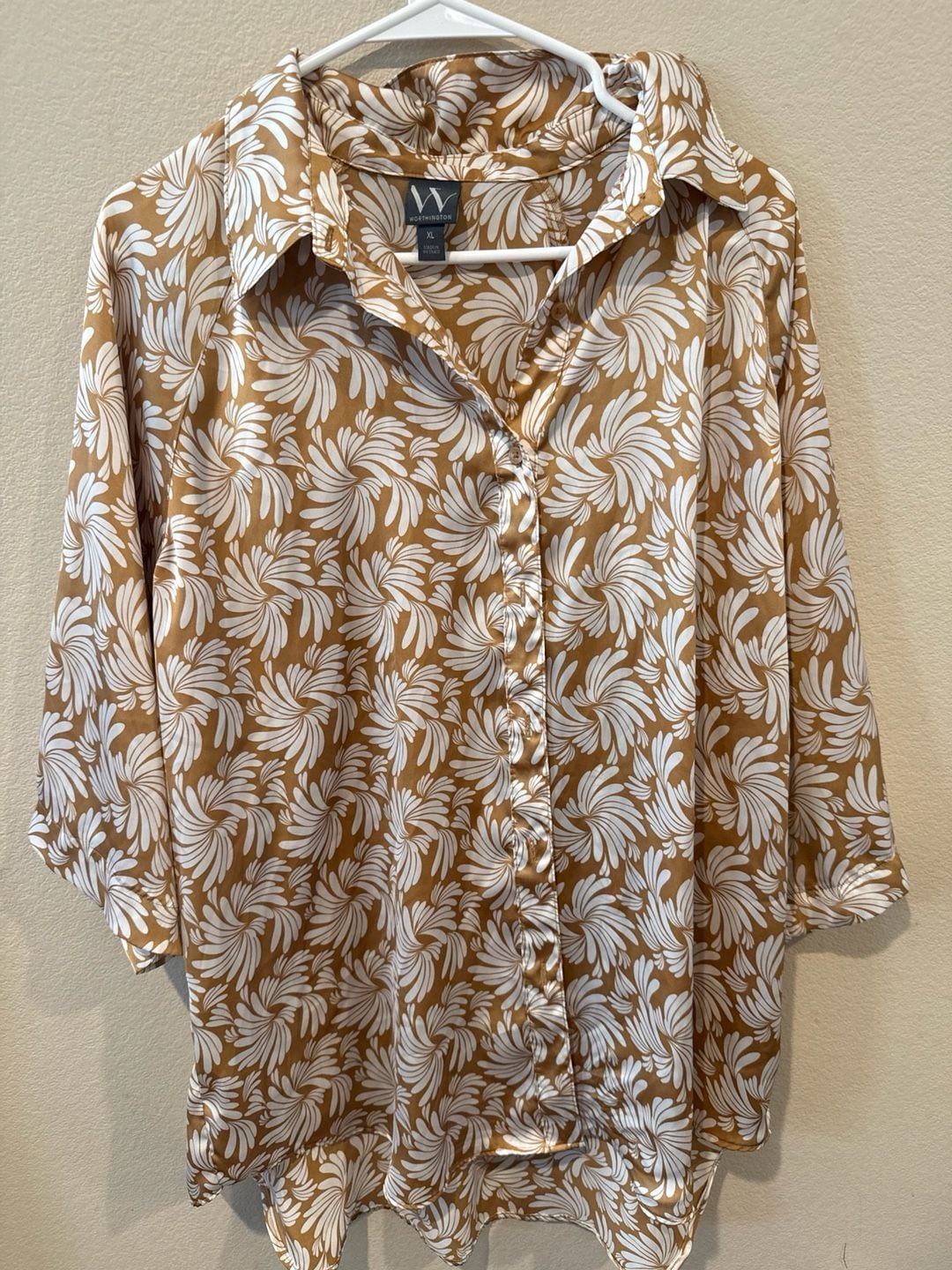 Worthington Vintage Women's Brown and White Swirl Floral AOP Blouse Sz.XL 3