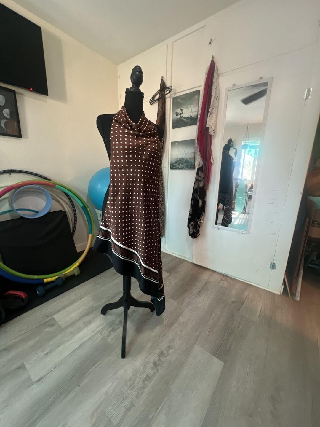 Women's Brown/Polka dot Asymmetric satin halterneck dress 2