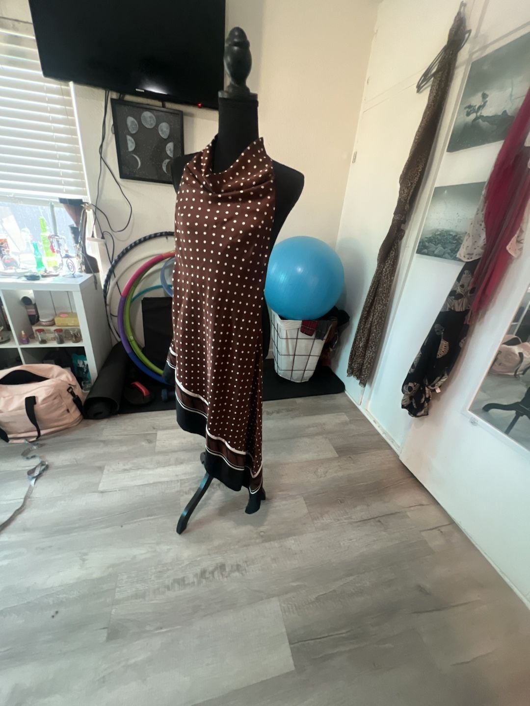 Women's Brown/Polka dot Asymmetric satin halterneck dress 3