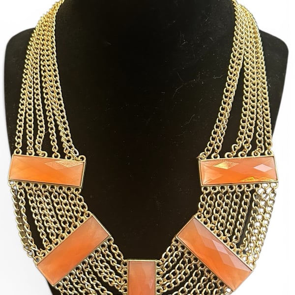 Chico's Multi-Strand Chain Orange Faceted Stone Bib Necklace/Earring Set