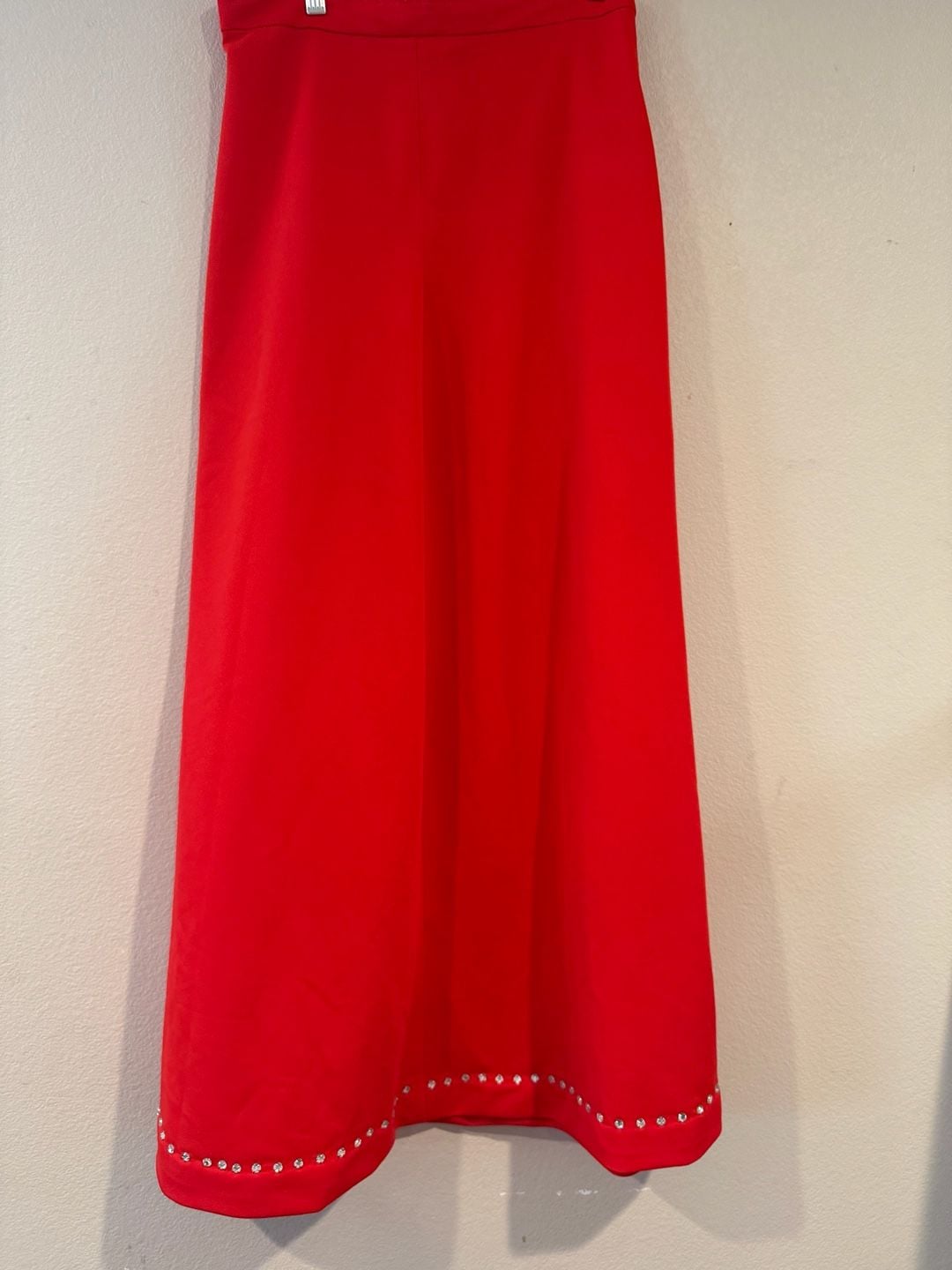 Red Flared Maxi Skirt with Rhinestone Embellished Hem Vintage W.15-16 Sz.S 7