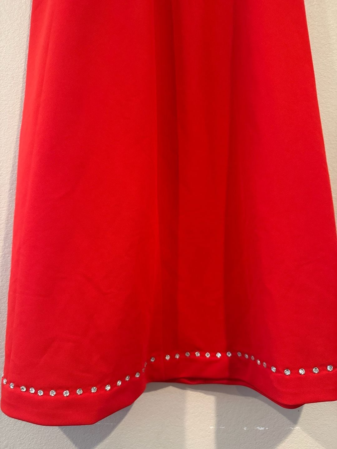 Red Flared Maxi Skirt with Rhinestone Embellished Hem Vintage W.15-16 Sz.S 8