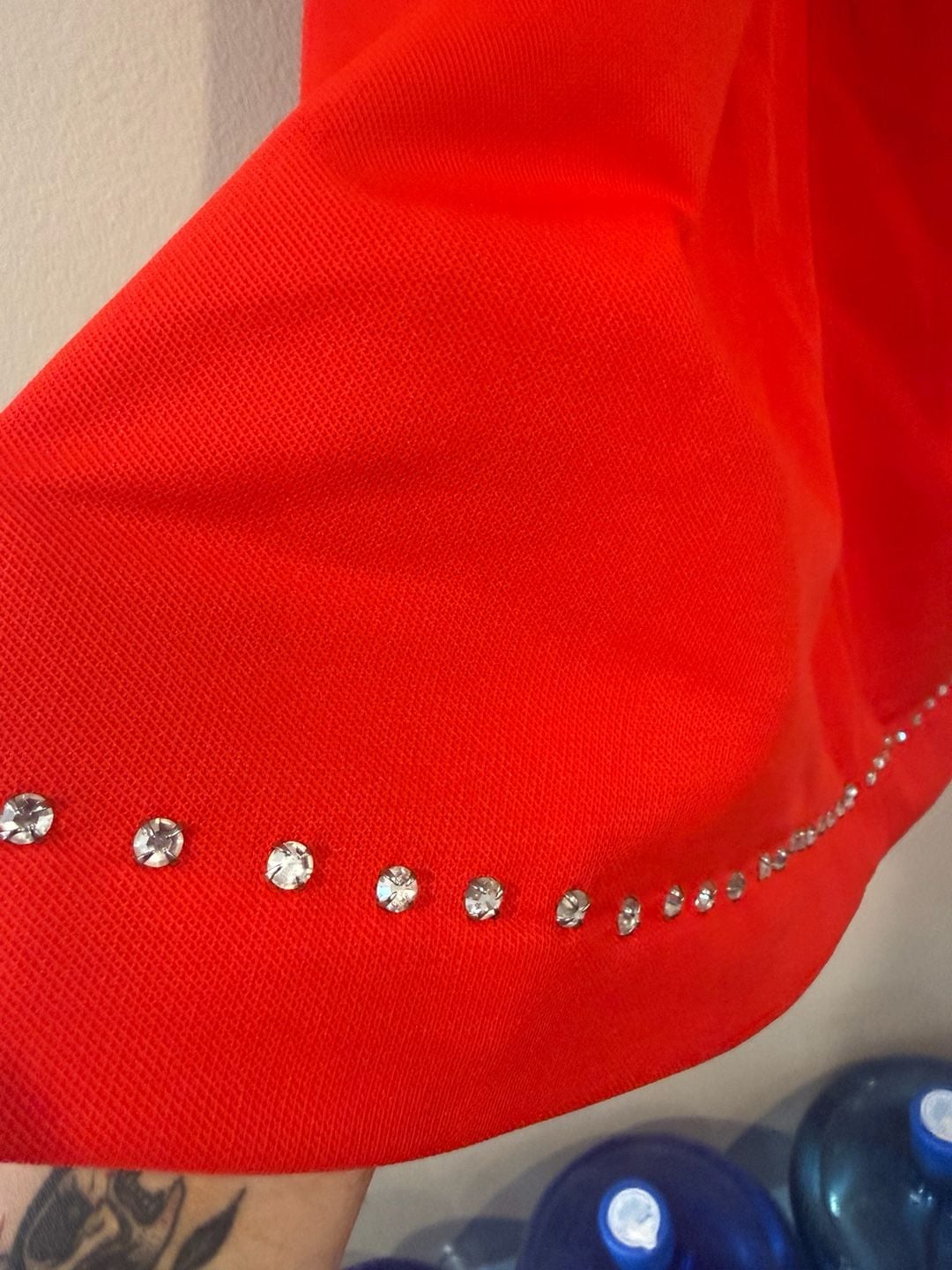 Red Flared Maxi Skirt with Rhinestone Embellished Hem Vintage W.15-16 Sz.S 9