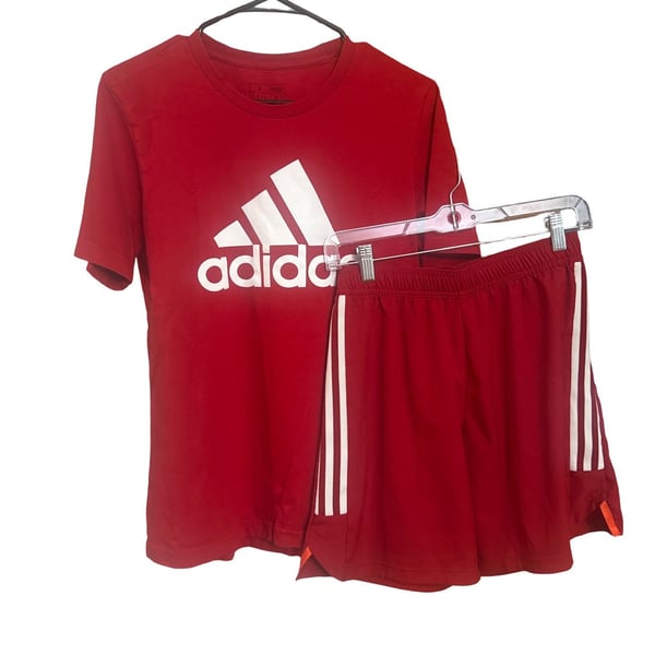 Adidas Men's Red Essentials Big Logo T-Shirt and 3-Stripe Performance Shorts Set