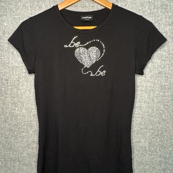 bebe Women's Black T-Shirt with Rhinestone Heart and Logo Graphic