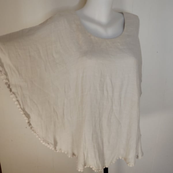 Flowy Boho Coastal Poncho Top with Pom-Pom Trim, Neutral Beige, size L