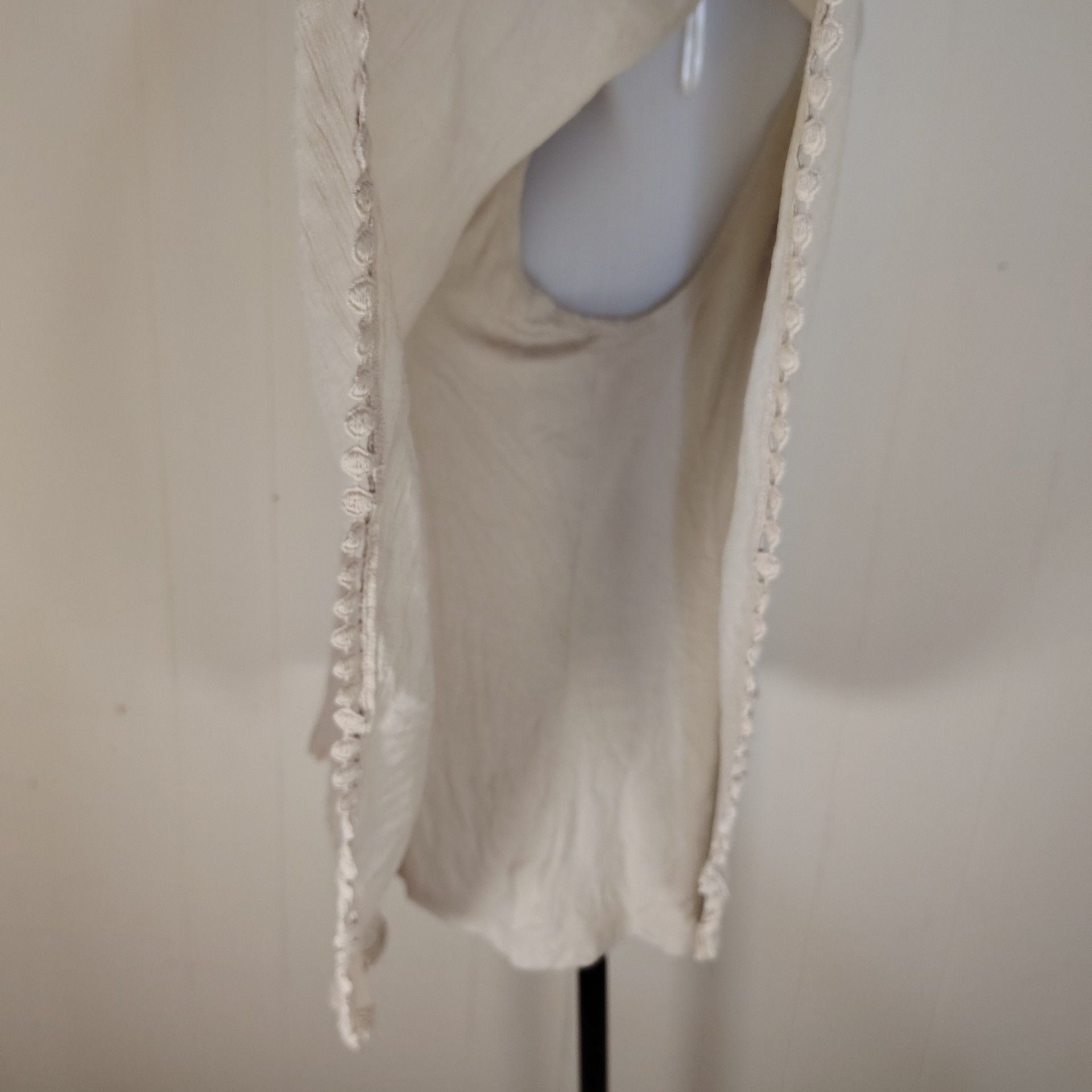 Flowy Boho Coastal Poncho Top with Pom-Pom Trim, Neutral Beige, size L 7