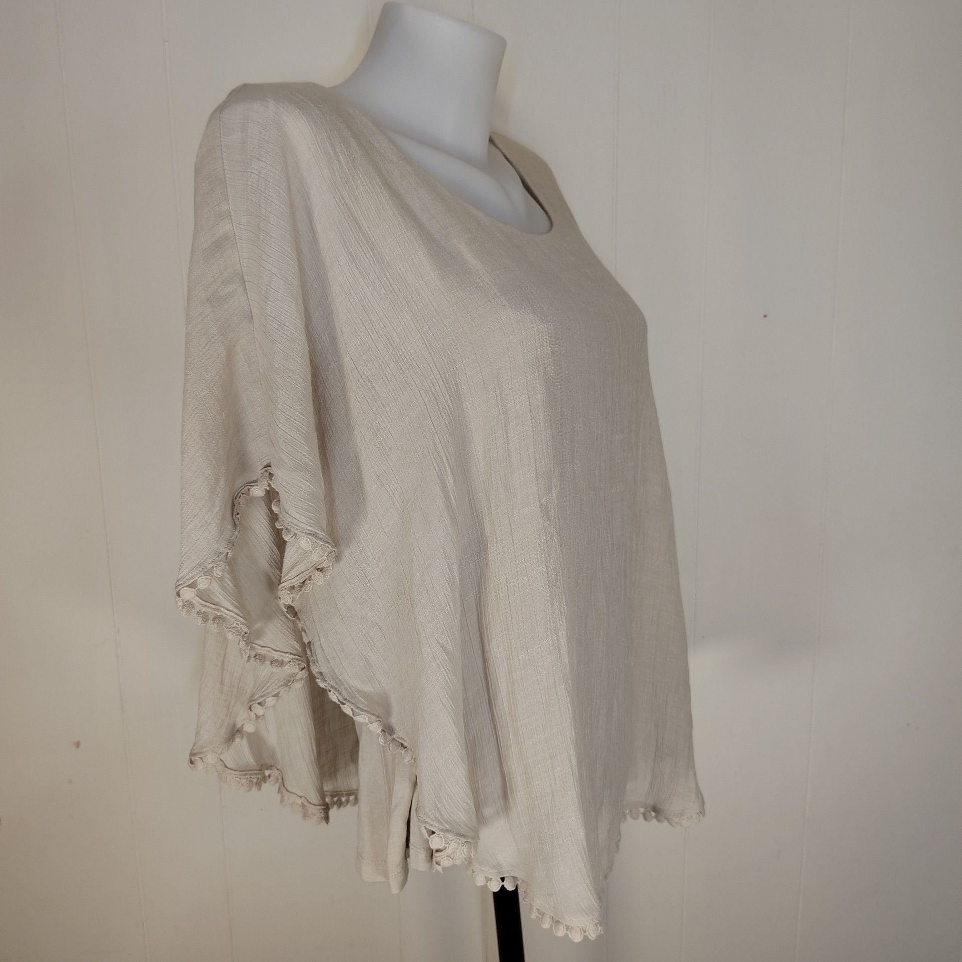 Flowy Boho Coastal Poncho Top with Pom-Pom Trim, Neutral Beige, size L 8
