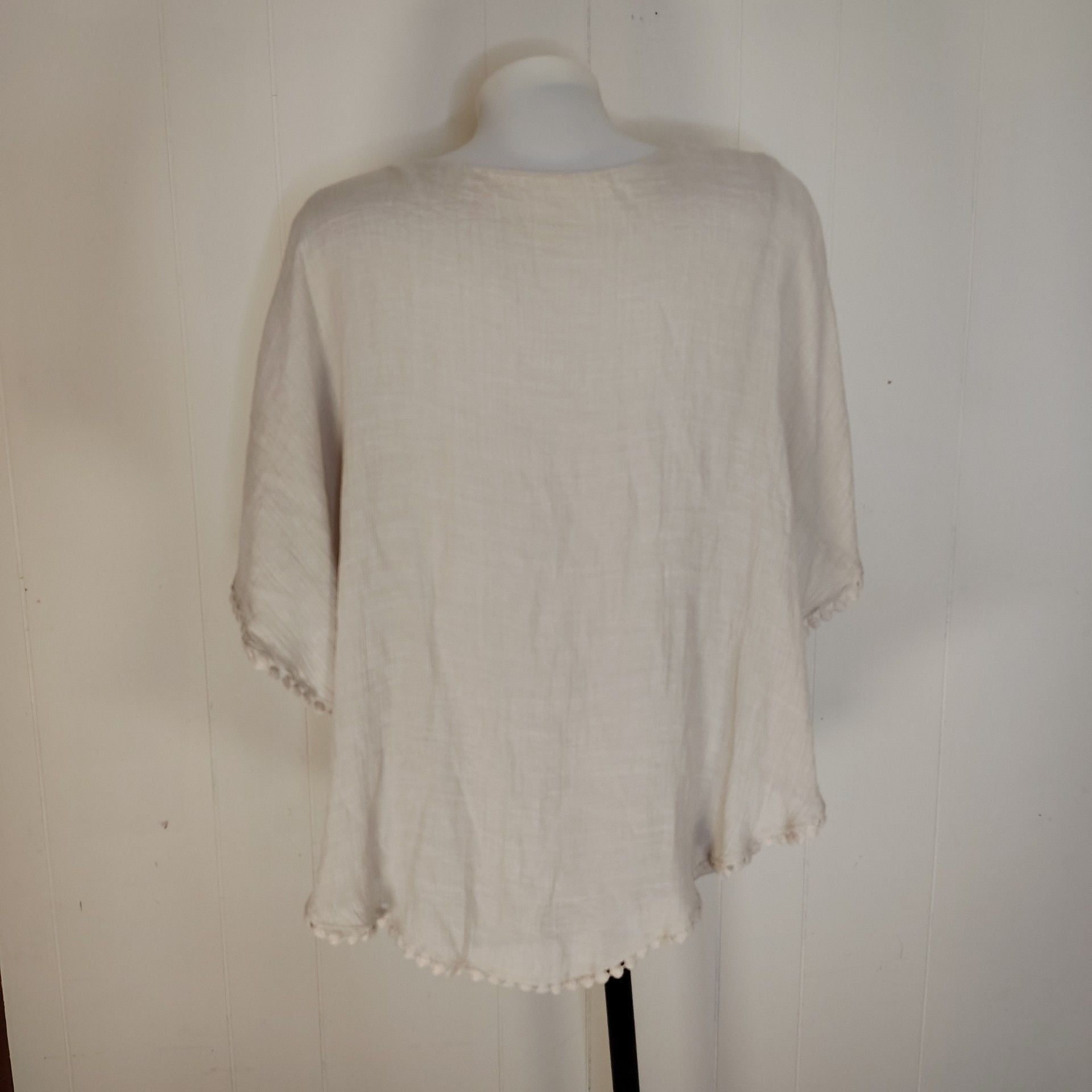 Flowy Boho Coastal Poncho Top with Pom-Pom Trim, Neutral Beige, size L 9