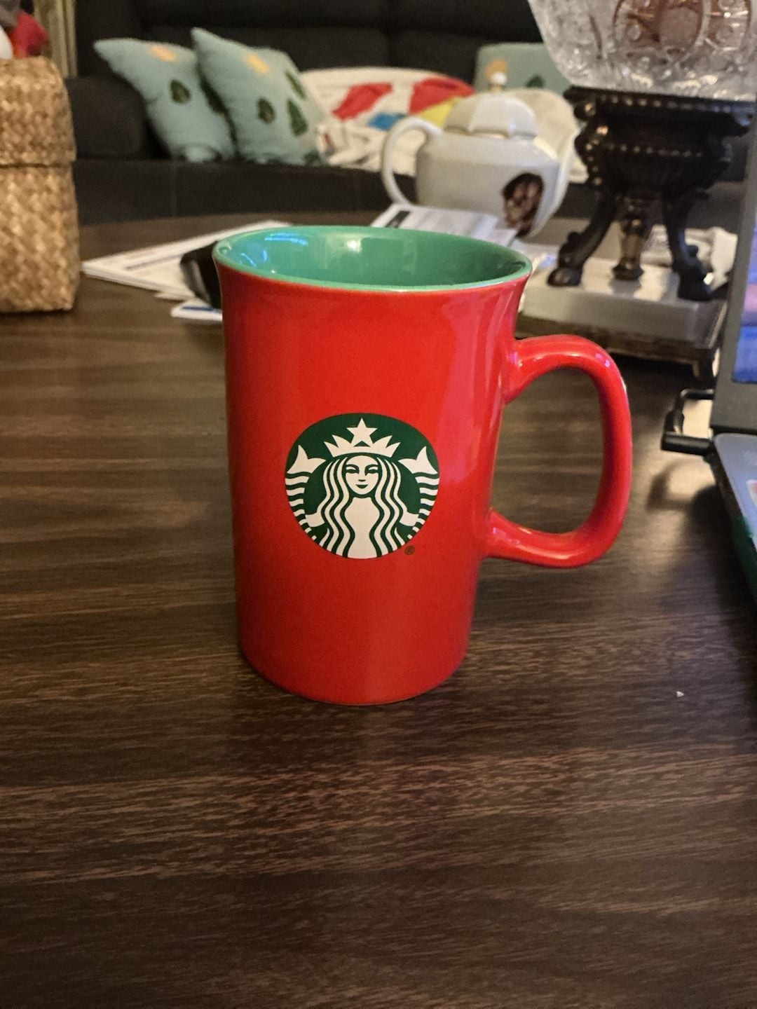 Starbucks Solid Red Ceramic Coffee Mug with Green Interior and Siren Logo 1