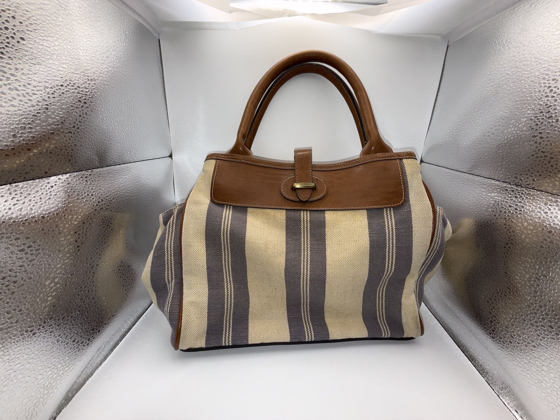 Signature Studios Striped Canvas and Brown Leather Satchel Handbag 2