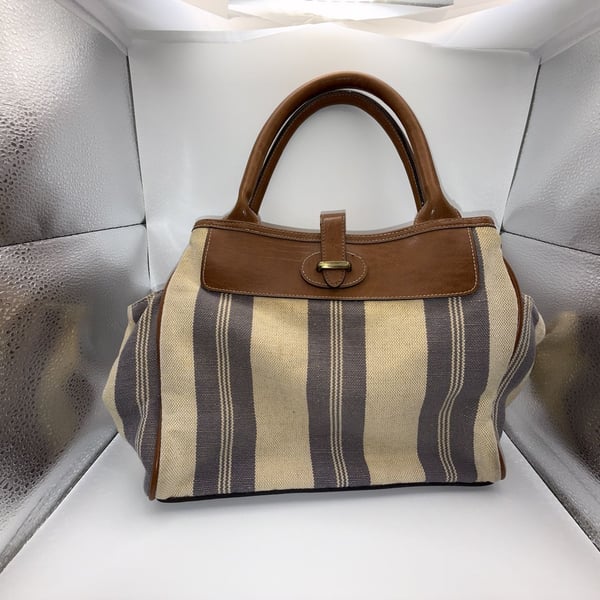 Signature Studios Striped Canvas and Brown Leather Satchel Handbag