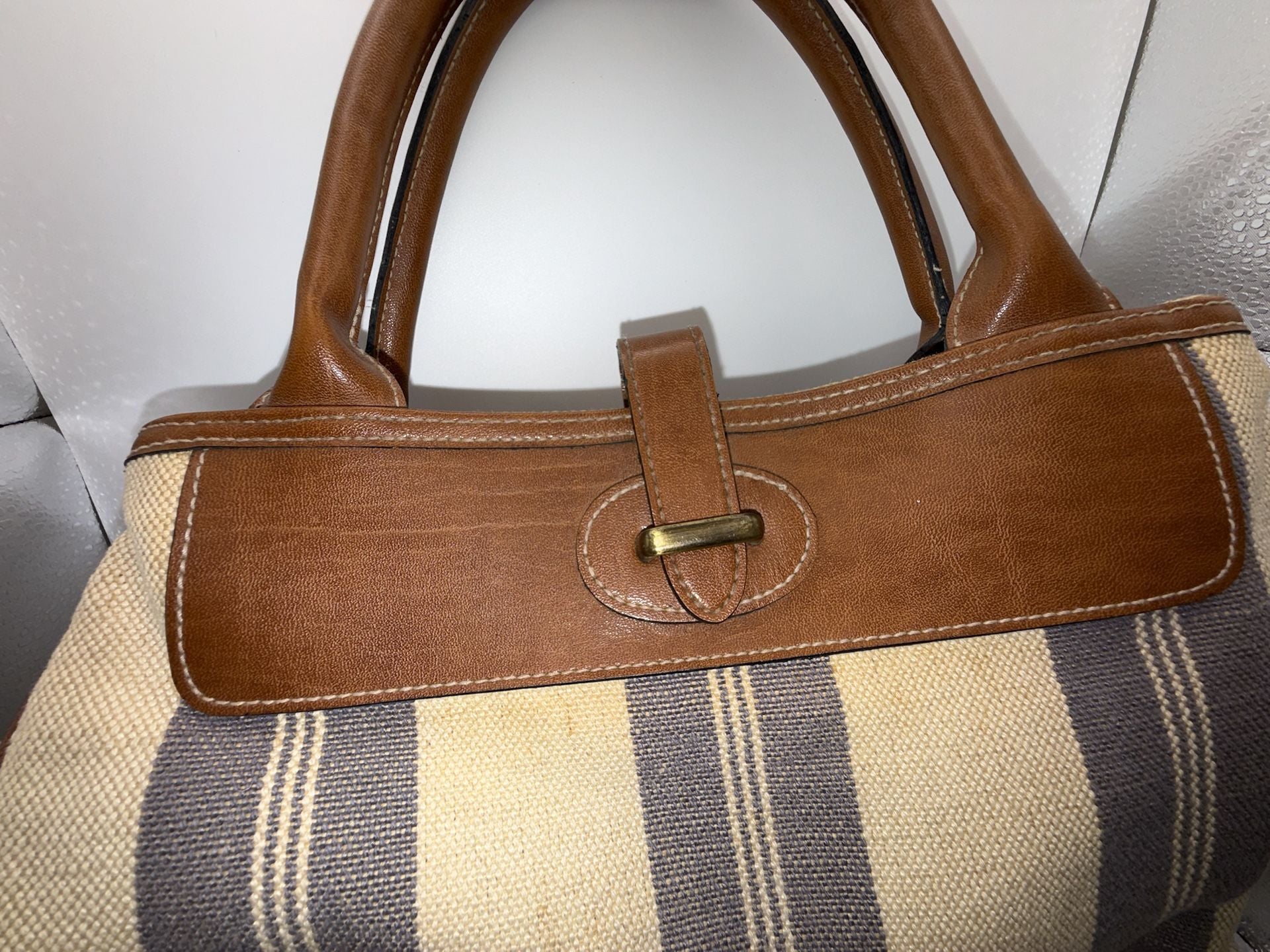 Signature Studios Striped Canvas and Brown Leather Satchel Handbag 3