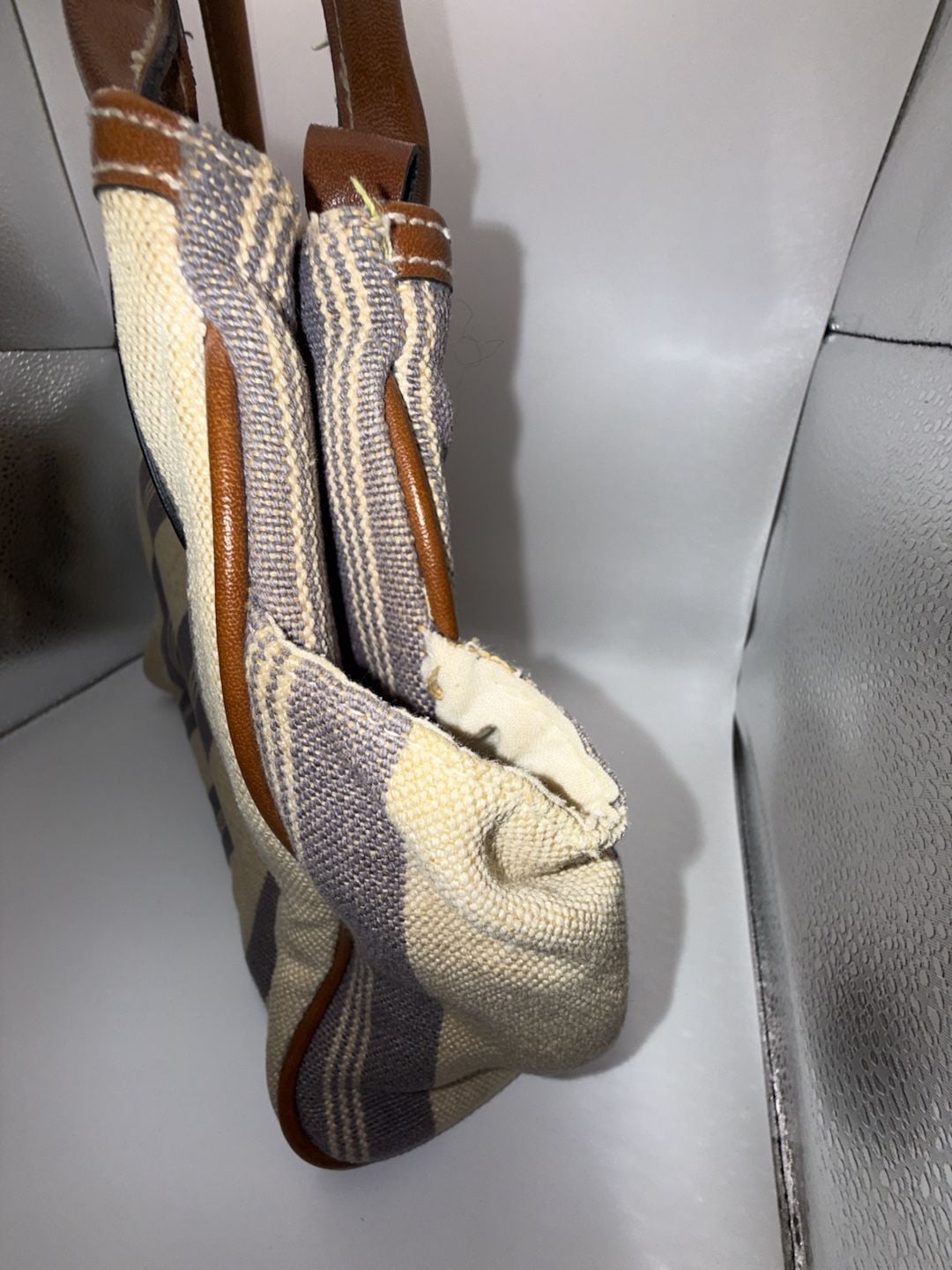 Signature Studios Striped Canvas and Brown Leather Satchel Handbag 4