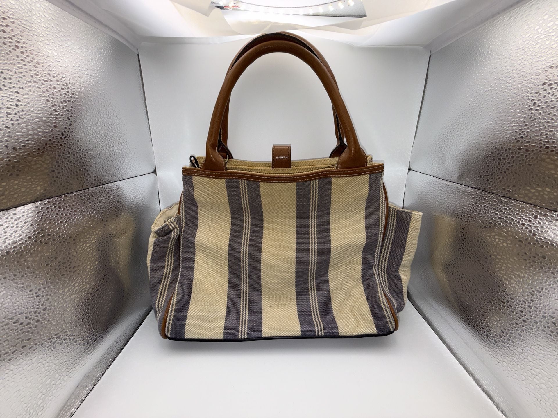 Signature Studios Striped Canvas and Brown Leather Satchel Handbag 5